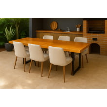 Conjunto Mesa Rústica (300cm x 90cm) com 2 Bancos Rústicos (300cmX 36cm) de Madeira Maciça de Garapeira – Pés Formato Taça - Acabamento Verniz Incolor Auto brilho - 10 lugares 