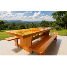 Conjunto Mesa Rústica (300cm x 90cm) com 2 Bancos Rústicos (300cmX 36cm) de Madeira Maciça de Garapeira – Pés Formato Taça - Acabamento Verniz Incolor Auto brilho - 10 lugares 