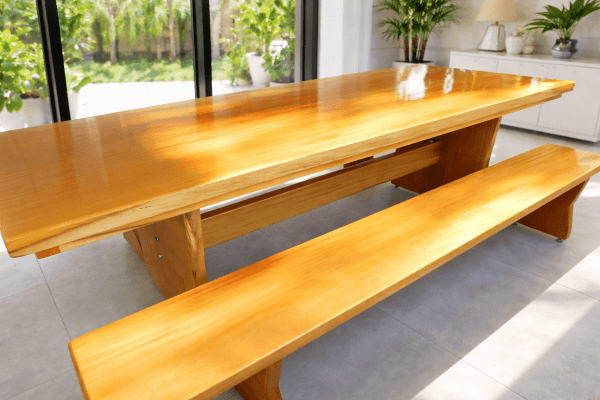 Conjunto Mesa Rústica (300cm x 90cm x 6cm) com 2 Bancos Rústicos (300cm X 36cm 4cm) de Madeira Maciça de Garapeira – Pés Formato Taça - Acabamento Verniz Incolor Auto brilho - 10 lugares 