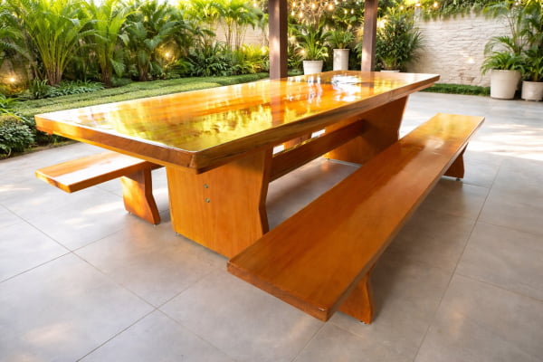 Conjunto Mesa Rústica (300cm x 90cm x 6cm) com 2 Bancos Rústicos (300cm X 36cm 4cm) de Madeira Maciça de Garapeira – Pés Formato Taça - Acabamento Verniz Incolor Auto brilho - 10 lugares 