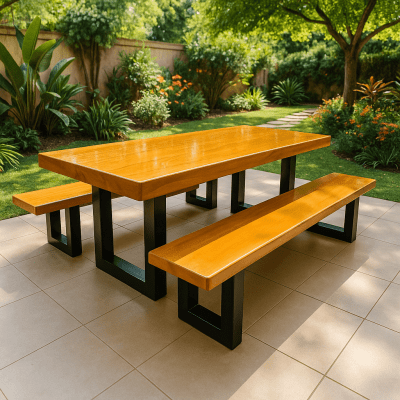Conjunto Mesa Rústica de Madeira Maciça de Garapeira (300cm x 90cm x 6cm) com 2 Bancos Rústicos (300cm X 38cm x 4cm) com Pés de ferro Metalom 100mm x 100mm  –  Acabamento Verniz PU Brilho - 10 lugares