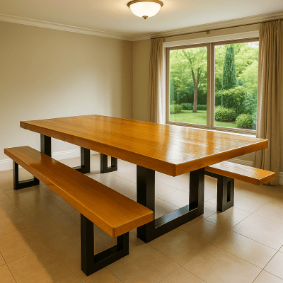 Conjunto Mesa Rústica de Madeira Maciça de Garapeira (300cm x 90cm x 6cm) com 2 Bancos Rústicos (300cm X 38cm x 4cm) com Pés de ferro Metalom 100mm x 100mm  –  Acabamento Verniz Auto Brilho - 10 lugares