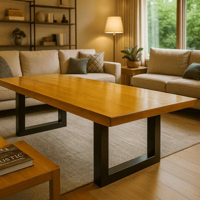 Conjunto Mesa Rústica de Madeira Maciça de Garapeira (300cm x 90cm x 6cm) com 2 Bancos Rústicos (300cm X 38cm x 4cm) com Pés de ferro Metalom 100mm x 100mm  –  Acabamento Verniz PU Brilho - 10 lugares
