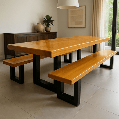 Conjunto Mesa Rústica de Madeira Maciça de Garapeira (300cm x 90cm x 6cm) com 2 Bancos Rústicos (300cm X 38cm x 4cm) com Pés de ferro Metalom 100mm x 100mm  –  Acabamento Verniz Auto Brilho - 10 lugares