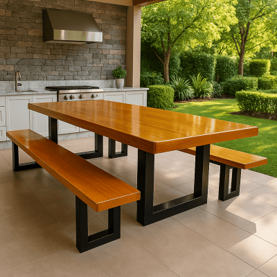 Conjunto Mesa Rústica de Madeira Maciça de Garapeira (300cm x 90cm x 6cm) com 2 Bancos Rústicos (300cm X 38cm x 4cm) com Pés de ferro Metalom 100mm x 100mm  –  Acabamento Verniz Auto Brilho - 10 lugares