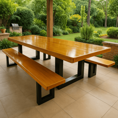Conjunto Mesa Rústica de Madeira Maciça de Garapeira (300cm x 90cm x 6cm) com 2 Bancos Rústicos (300cm X 38cm x 4cm) com Pés de ferro Metalom 100mm x 100mm  –  Acabamento Verniz PU Brilho - 10 lugares