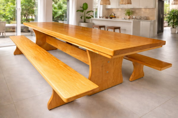 Conjunto Mesa Rústica Garapeira (200cm x 85cm x 5,5cm) com 2 Bancos Rústicos (200cm X 36cm x 4cm) de Madeira Maciça de Garapeira – Pés Formato Taça - 06 a 08 lugares 