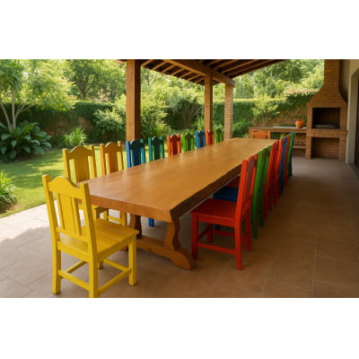 Conjunto Mesa Rústica Madeira Maciça  Tampão (500cm x 90cm x 5,5cm) com 16 Cadeiras Rústicas Coloniais Coloridas de Madeira Maciça de Garapeira - 16 lugares
