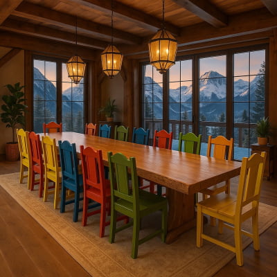 Conjunto Mesa Rústica Madeira Maciça  Tampão (500cm x 90cm x 5,5cm) com 16 Cadeiras Rústicas Coloniais Coloridas de Madeira Maciça de Garapeira - 16 lugares