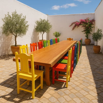 Conjunto Mesa Rústica Madeira Maciça Tampão (500cm x 90cm x 5,5cm) com 16 Cadeiras Rústicas Coloniais Coloridas de Madeira Maciça de Garapeira - 16 lugares
