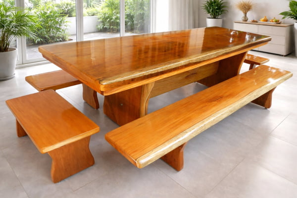 Conjunto Mesa Rústica Tampão(250cm X 86cm X 5,5cm) com 2 Bancos Laterais(250cm X 38cm x 4cm) e 2 Bancos Cabeceira (80cm x 36cm x 4cm) Pés Taça - Acabamento Verniz Auto Brilho - Madeira Maciça de Garapeira – 10 lugares