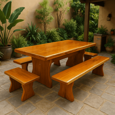 Conjunto Mesa Rústica Tampão(250cm x 90cm 5,5cm) com 2 Bancos Laterais(250cm X 38cm x 4cm) e 2 Bancos Cabeceira (80cm x 38cm x 4cm) Pés Taça - Acabamento Verniz PU Auto Brilho - Madeira Maciça de Garapeira – 10 lugares