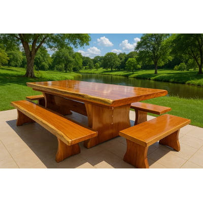 Conjunto Mesa Rústica Tampão(250cm x 90cm 5,5cm) com 2 Bancos Laterais(250cm X 38cm x 4cm) e 2 Bancos Cabeceira (80cm x 38cm x 4cm) Pés Taça - Acabamento Verniz PU Auto Brilho - Madeira Maciça de Garapeira – 10 lugares