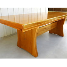 Conjunto Mesa Rústica Tampão(250cm x 90cm 5,5cm) com 2 Bancos Laterais(250cm X 38cm x 4cm) e 2 Bancos Cabeceira (80cm x 38cm x 4cm) Pés Taça - Acabamento Verniz PU Auto Brilho - Madeira Maciça de Garapeira – 10 lugares