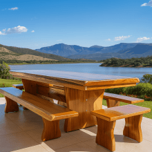Conjunto Mesa Rústica Tampão(250cm x 90cm 5,5cm) com 2 Bancos Laterais(250cm X 38cm x 4cm) e 2 Bancos Cabeceira (80cm x 38cm x 4cm) Pés Taça - Acabamento Verniz PU Auto Brilho - Madeira Maciça de Garapeira – 10 lugares