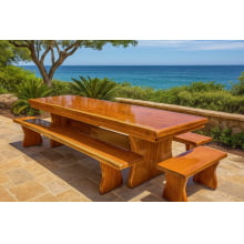Conjunto Mesa Rústica Tampão(250cm x 90cm 5,5cm) com 2 Bancos Laterais(250cm X 38cm x 4cm) e 2 Bancos Cabeceira (80cm x 38cm x 4cm) Pés Taça - Acabamento Verniz PU Auto Brilho - Madeira Maciça de Garapeira – 10 lugares