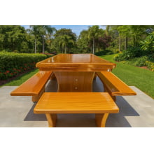 Conjunto Mesa Rústica Tampão(250cm x 90cm 5,5cm) com 2 Bancos Laterais(250cm X 38cm x 4cm) e 2 Bancos Cabeceira (80cm x 38cm x 4cm) Pés Taça - Acabamento Verniz PU Auto Brilho - Madeira Maciça de Garapeira – 10 lugares