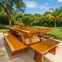 Conjunto Mesa Rústica Tampão(250cm x 90cm 5,5cm) com 2 Bancos Laterais(250cm X 38cm x 4cm) e 2 Bancos Cabeceira (80cm x 38cm x 4cm) Pés Taça - Acabamento Verniz PU Auto Brilho - Madeira Maciça de Garapeira – 10 lugares