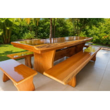 Conjunto Mesa Rústica Tampão(250cm x 90cm 5,5cm) com 2 Bancos Laterais(250cm X 38cm x 4cm) e 2 Bancos Cabeceira (80cm x 38cm x 4cm) Pés Taça - Acabamento Verniz PU Auto Brilho - Madeira Maciça de Garapeira – 10 lugares