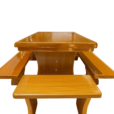 Conjunto Mesa Rústica Tampão(250cm x 90cm 5,5cm) com 2 Bancos Laterais(250cm X 38cm x 4cm) e 2 Bancos Cabeceira (80cm x 38cm x 4cm) Pés Taça - Acabamento Verniz PU Auto Brilho - Madeira Maciça de Garapeira – 10 lugares