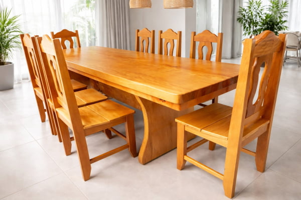 Conjunto Mesa Rústica Tampão(280cm x 86cm x 6cm) com 8 Cadeiras Rústicas Coloniais, tudo em Madeira Maciça de Garapeira – Pés Formato Taça - Acabamento Verniz PU Automotivo Incolor Auto brilho - 08 lugares