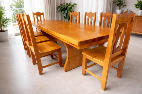 Conjunto Mesa Rústica Tampão(280cm x 86cm x 6cm) com 8 Cadeiras Rústicas Coloniais, tudo em Madeira Maciça de Garapeira – Pés Formato Taça - Acabamento Verniz PU Automotivo Incolor Auto brilho - 08 lugares