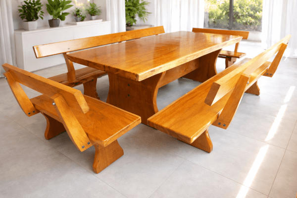 Mesa Rústica (300cm x 86cm x 5,5cm) com 4 Bancos com encosto,  2 (300cm X 36cm X 4cm) e  2(90cmx36cm x 4cm)  de Madeira Maciça de Garapeira – Acabamento Verniz Auto Brilho - Pés Taça -  Bordas  Orgânicas - 12 lugares
