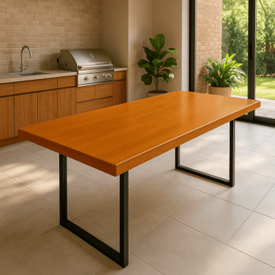 Mesa Rústica Madeira Maciça Garapeira Tampão(200cm x 85cm x 6cm) com Pés em Ferro Metalom 40mm x 60mm Preto Pintura Industrial  – Acabamento Verniz Auto Brilho na cor Cedro - 06 lugares