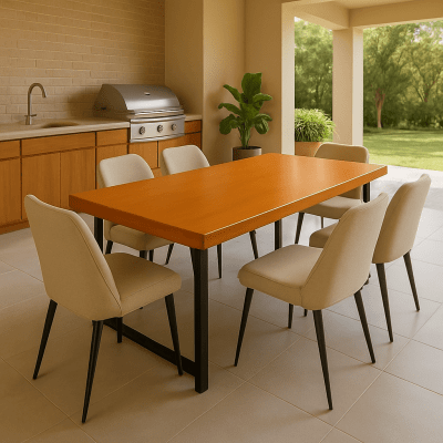 Mesa Rústica Madeira Maciça Garapeira Tampão(200cm x 85cm x 6cm) com Pés em Ferro Metalom 40mm x 60mm Preto Pintura Industrial  – Acabamento Verniz Auto Brilho na cor Cedro - 06 lugares