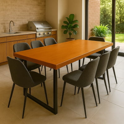 Mesa Rústica Madeira Maciça Garapeira Tampão(200cm x 85cm x 6cm) com Pés em Ferro Metalom 40mm x 60mm Preto Pintura Industrial  – Acabamento Verniz Auto Brilho na cor Cedro - 06 lugares