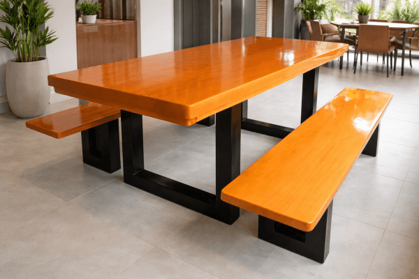 Mesa Rústica Madeira Maciça Tampo(200cm x 85cm x 6cm) com 2 Bancos Rústicos (200cm x 36cm x 4cm) Pés em Ferro Metalom 100mm x 100mm Madeira Maciça Garapeira – Acabamento Verniz Auto Brilho na cor Cedro - 06 lugares