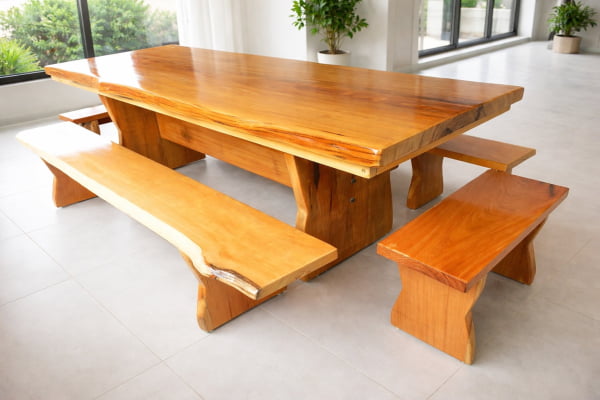 Mesa Rústica Tampo (3mts x 85cm x 5,5cm) + 2 Bancos Laterais Tampo(3mts X 36cm X 4cm) + 2 Bancos Cabeceira Tampo(80cm X 36cm X 4cm) c/Bordas Orgânicas - Pés Taça - Madeira Maciça de Garapeira – Verniz Auto-Brilho - 12 lugares