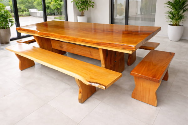 Mesa Rústica Tampo (3mts x 85cm x 5,5cm) + 2 Bancos Laterais Tampo(3mts X 36cm X 4cm) + 2 Bancos Cabeceira Tampo(80cm X 36cm X 4cm) c/Bordas Orgânicas - Pés Taça - Madeira Maciça de Garapeira – Verniz Auto-Brilho - 12 lugares