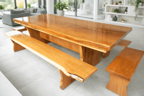 Mesa Rústica Tampo (3mts x 85cm x 5,5cm) + 2 Bancos Laterais Tampo(3mts X 36cm X 4cm) + 2 Bancos Cabeceira Tampo(80cm X 36cm X 4cm) c/Bordas Orgânicas - Pés Taça - Madeira Maciça de Garapeira – Verniz Auto-Brilho - 12 lugares