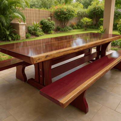 Conjunto Mesa Rústica (250cm x 90cm x 6cm) Pés Formato Torre, com 2 Bancos Rústicos (250 X 38) de Madeira Maciça de Roxão – 8 lugares