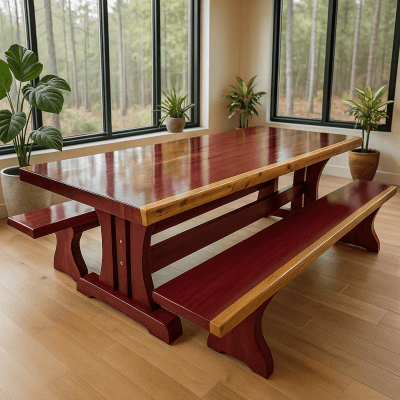 Conjunto Mesa Rústica (250cm x 90cm x 6cm) Pés Formato Torre, com 2 Bancos Rústicos (250 X 38) de Madeira Maciça de Roxão – 8 lugares