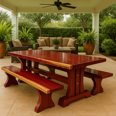 Conjunto Mesa Rústica (250cm x 90cm x 6cm) Pés Formato Torre, com 2 Bancos Rústicos (250 X 38) de Madeira Maciça de Roxão – 8 lugares