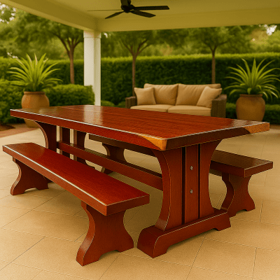 Conjunto Mesa Rústica (250cm x 90cm x 6cm) Pés Formato Torre, com 2 Bancos Rústicos (250 X 38) de Madeira Maciça de Roxão – 8 lugares