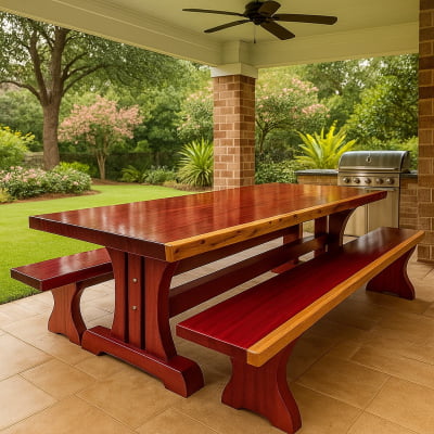 Conjunto Mesa Rústica (250cm x 90cm x 6cm) Pés Formato Torre, com 2 Bancos Rústicos (250 X 38) de Madeira Maciça de Roxão – 8 lugares