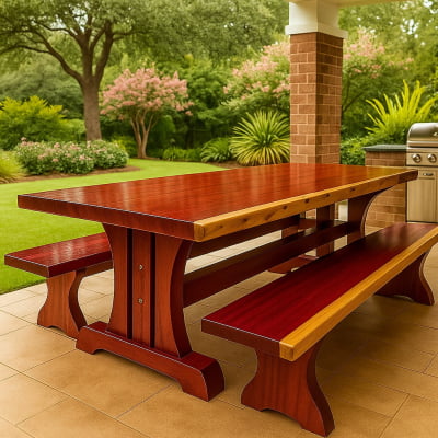 Conjunto Mesa Rústica (250cm x 90cm x 6cm) Pés Formato Torre, com 2 Bancos Rústicos (250 X 38) de Madeira Maciça de Roxão – 8 lugares