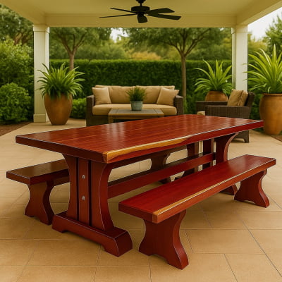 Conjunto Mesa Rústica (250cm x 90cm x 6cm) Pés Formato Torre, com 2 Bancos Rústicos (250 X 38) de Madeira Maciça de Roxão – 8 lugares