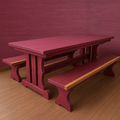 Conjunto Mesa Rústica (200cm x 85cm x 5cm) com 2 Bancos Rústicos (200cm X 36 x 4cm) de Madeira Maciça de Roxão – 6 lugares