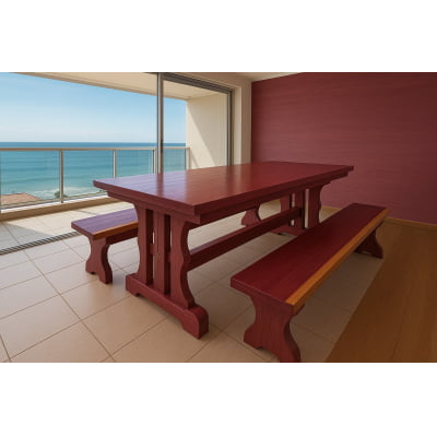 Conjunto Mesa Rústica (200cm x 85cm x 5cm) com 2 Bancos Rústicos (200cm X 36 x 4cm) de Madeira Maciça de Roxão – 6 lugares
