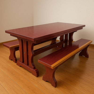 Conjunto Mesa Rústica (200cm x 85cm x 5cm) com 2 Bancos Rústicos (200cm X 36 x 4cm) de Madeira Maciça de Roxão – 6 lugares