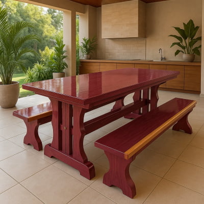 Conjunto Mesa Rústica (200cm x 85cm x 5cm) com 2 Bancos Rústicos (200cm X 36 x 4cm) de Madeira Maciça de Roxão – 6 lugares