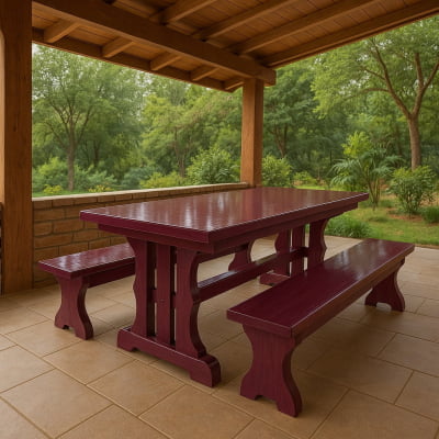 Conjunto Mesa Rústica (200cm x 85cm x 5cm) com 2 Bancos Rústicos (200cm X 36 x 4cm) de Madeira Maciça de Roxão – 6 lugares