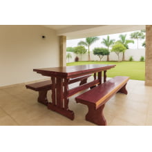 Conjunto Mesa Rústica (200cm x 85cm x 5cm) com 2 Bancos Rústicos (200cm X 36 x 4cm) de Madeira Maciça de Roxão – 6 lugares