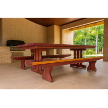 Conjunto Mesa Rústica (200cm x 85cm x 5cm) com 2 Bancos Rústicos (200cm X 36 x 4cm) de Madeira Maciça de Roxão – 6 lugares