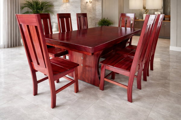 Conjunto Mesa Rústica (250cm x 85cm) com 8 Cadeiras Coloniais Rústicas de Madeira Maciça de Roxão – Acabamento Verniz PU incolor Auto Brilho - 08 lugares