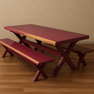 Conjunto Mesa Rústica (250cm x 85cm) Pés Formato X, com 2 Bancos Rústicos (250cm X 36cm) de Madeira Maciça de Roxão – 8 lugares